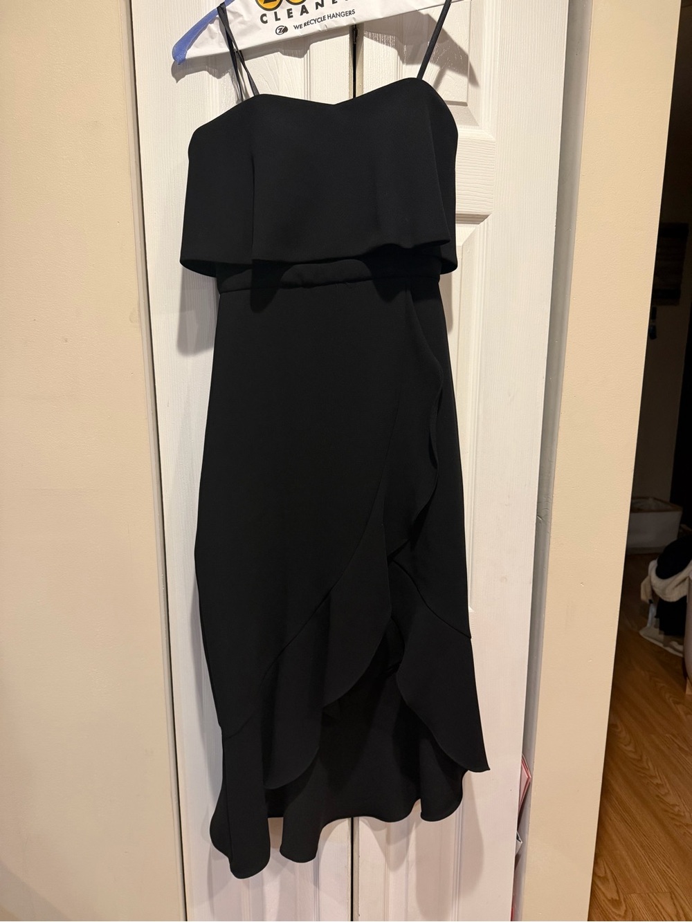 Xscape Black Ruffle-Front Spaghetti Strap Midi Dress